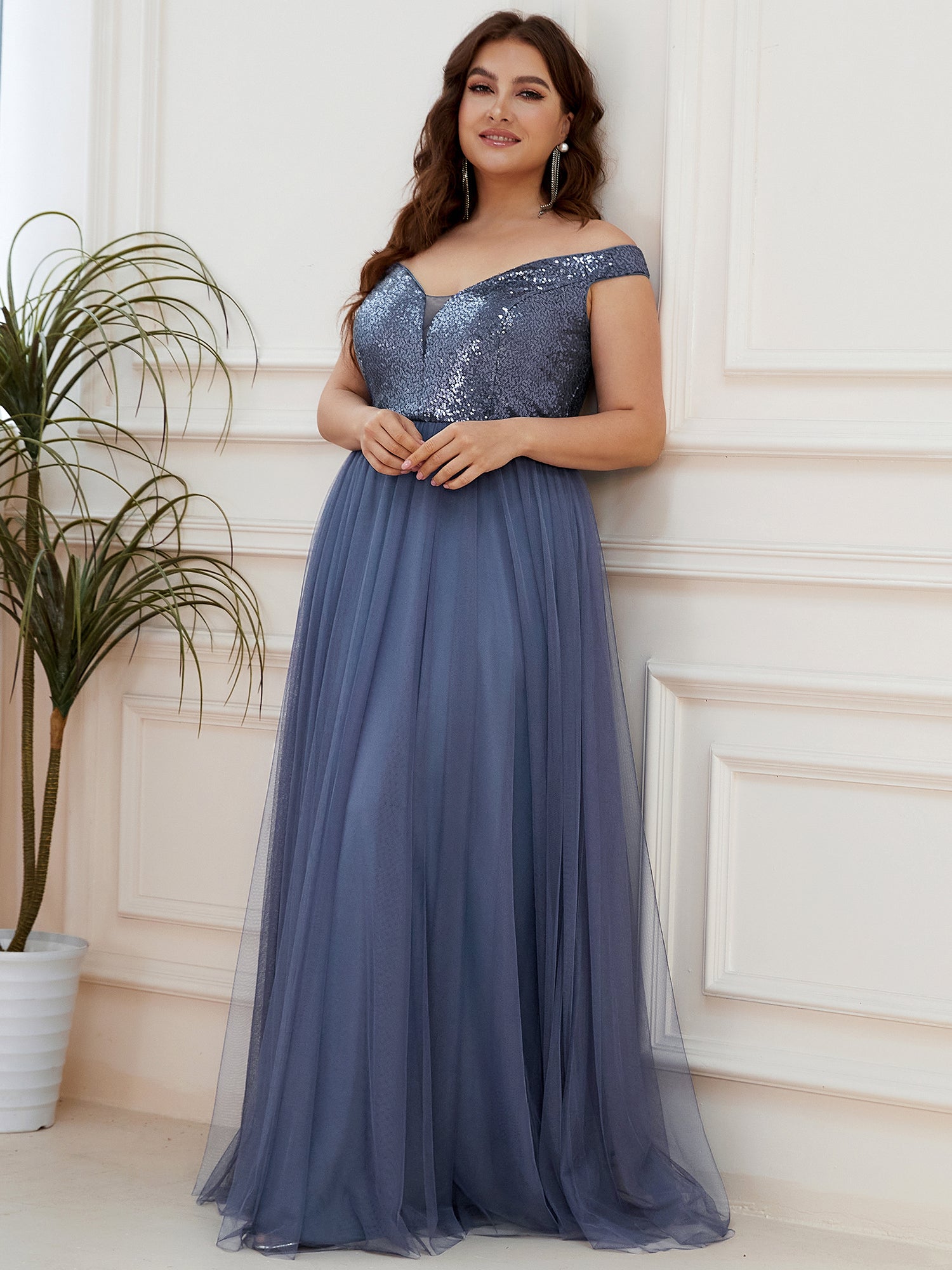 Color=Dusty Blue | Plus Size Wholesale High Waist Tulle & Sequin Sleevless Evening Dress-Dusty Blue 4
