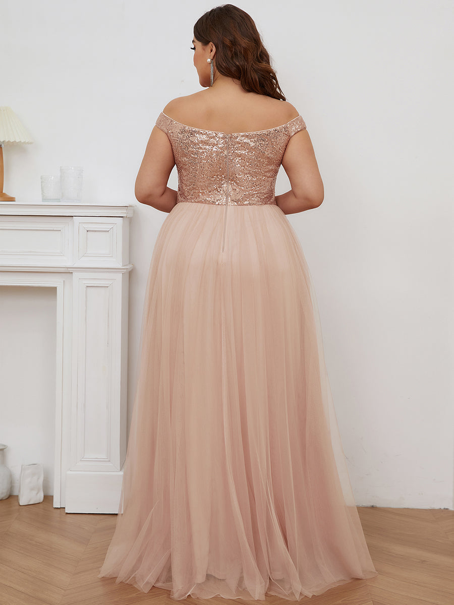 Color=Rose Gold | Plus Size Wholesale High Waist Tulle & Sequin Sleevless Evening Dress-Rose Gold 2