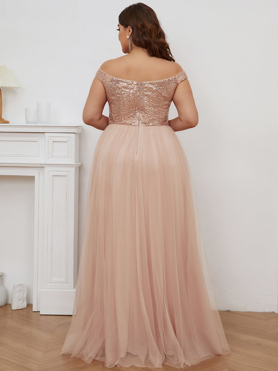 Color=Rose Gold | Plus Size Wholesale High Waist Tulle & Sequin Sleevless Evening Dress-Rose Gold 2