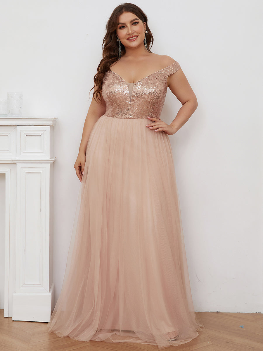 Color=Rose Gold | Plus Size Wholesale High Waist Tulle & Sequin Sleevless Evening Dress-Rose Gold 4