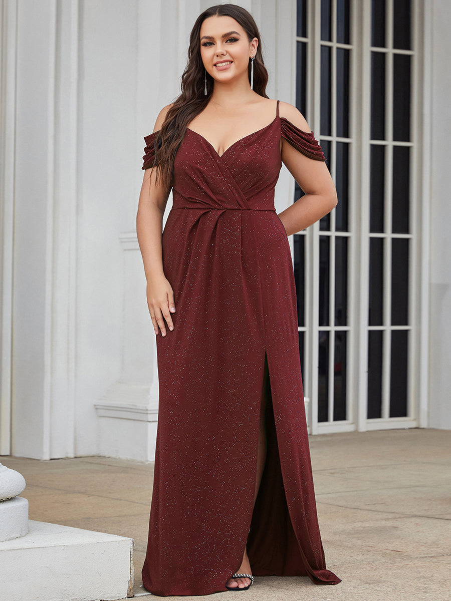 Color=Burgundy | Deep V Neck Plus Size Wholesale Long Evening Dresses with Split-Burgundy 4