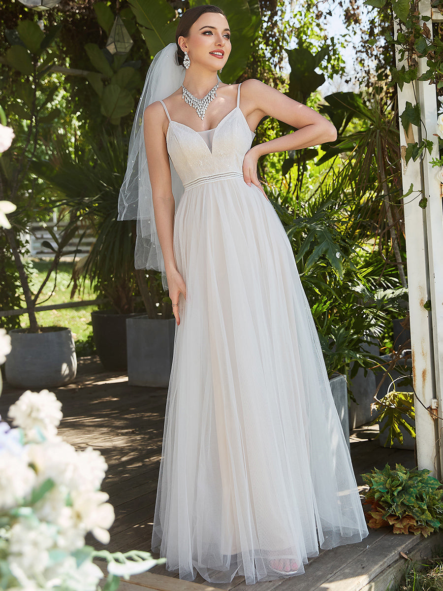 Color=Ivory | A-Line Wholesale Wedding Dresses with Spaghetti Straps and Deep V-Neck-Ivory 4