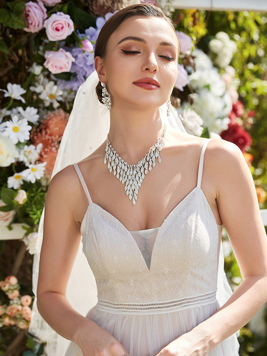 Color=Ivory | A-Line Wholesale Wedding Dresses with Spaghetti Straps and Deep V-Neck-Ivory 5