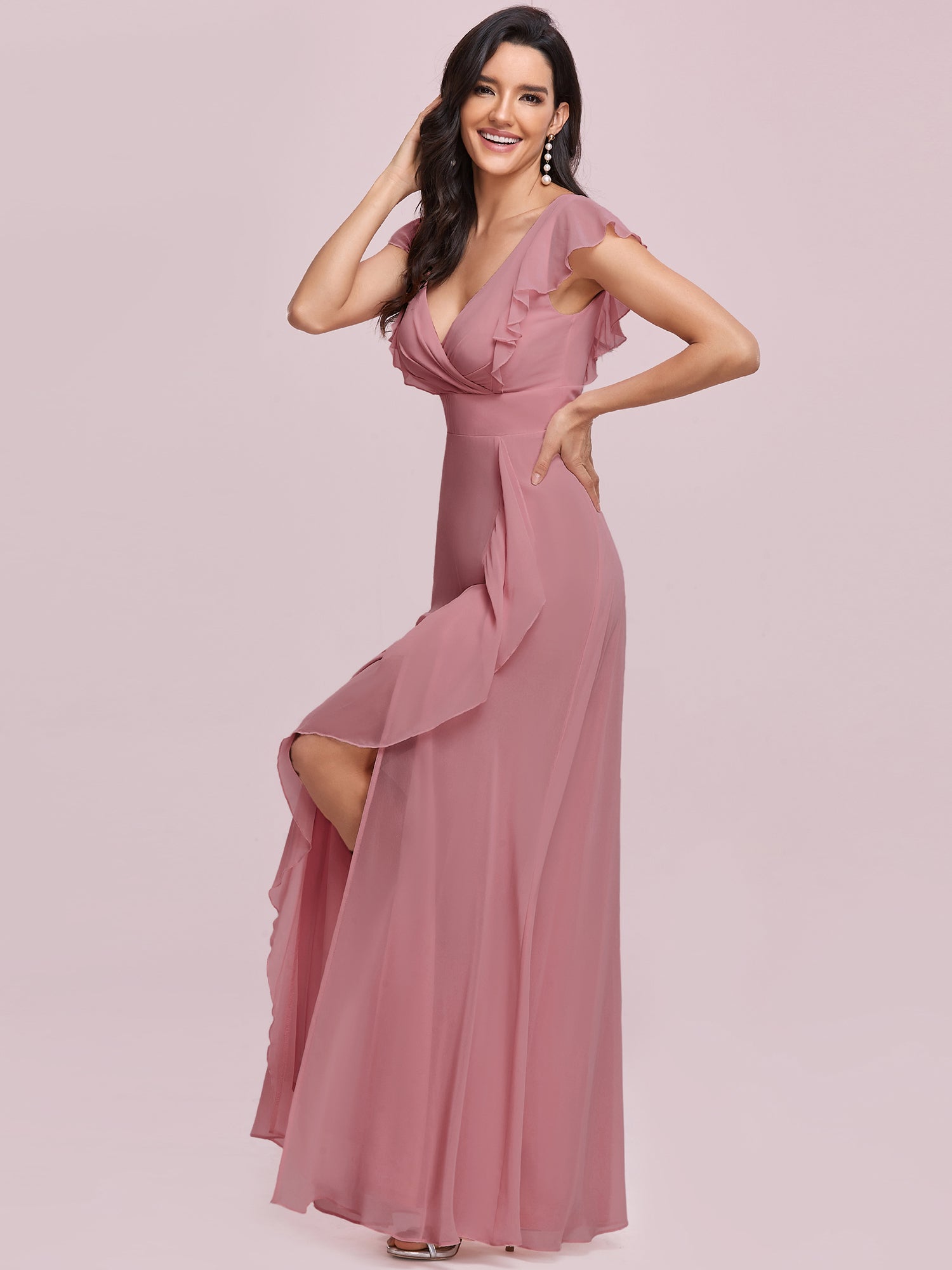 Color=Orchid | Cute V Neck Wholesale Bridesmaid Dress With Ruffles-Orchid 9