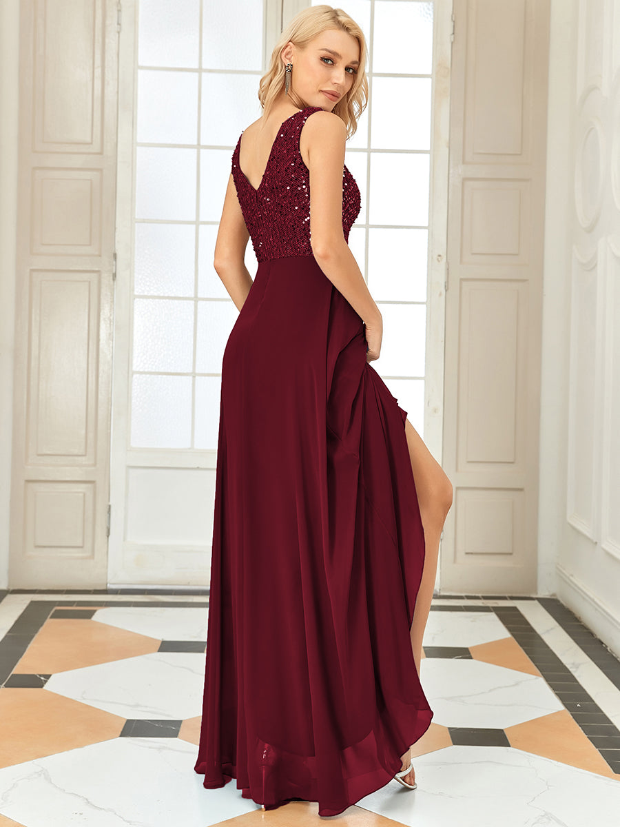 Color=Burgundy | Elegant Paillette & Chiffon V-Neck A-Line Sleeveless Plus Size Evening Dresses-Burgundy 2