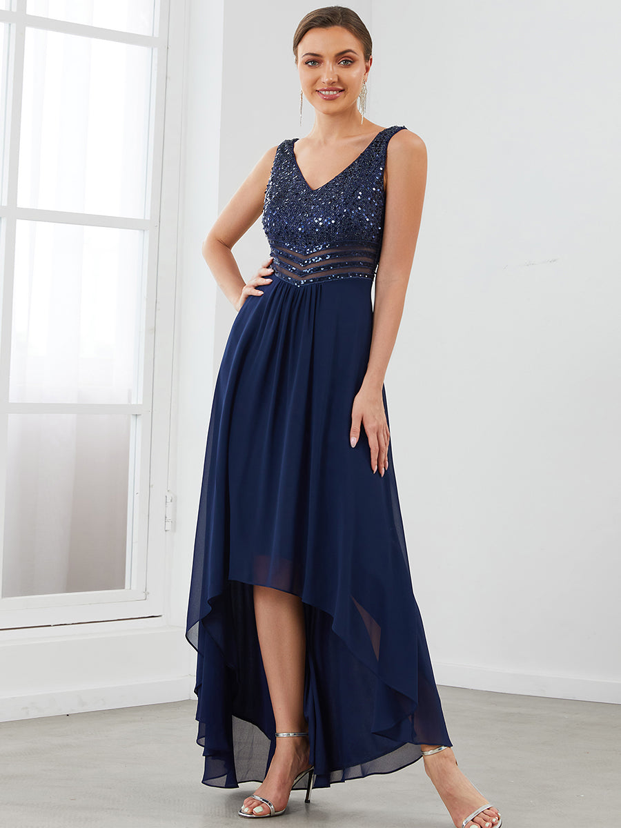 Color=Navy Blue | Elegant Paillette & Chiffon V-Neck A-Line Sleeveless Plus Size Evening Dresses-Navy Blue 3