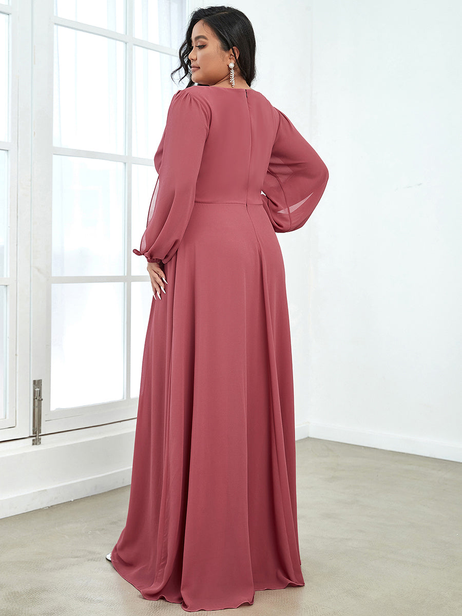 Color=Cameo Brown | Wholesale Chiffon Plus Size Evening Dresses With Long Lantern Sleeves-Cameo Brown 3