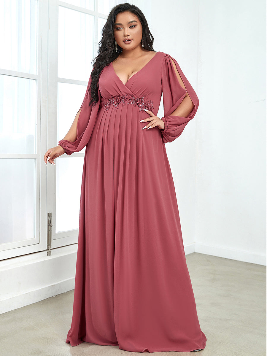 Color=Cameo Brown | Wholesale Chiffon Plus Size Evening Dresses With Long Lantern Sleeves-Cameo Brown 2