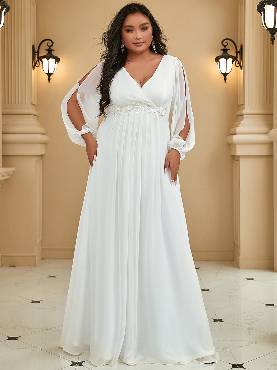 Color=Cream | Wholesale Chiffon Plus Size Evening Dresses With Long Lantern Sleeves-Cream 1