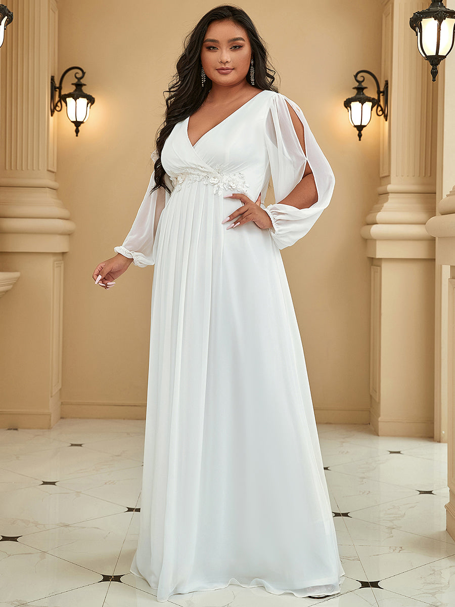 Color=Cream | Wholesale Chiffon Plus Size Evening Dresses With Long Lantern Sleeves-Cream 4