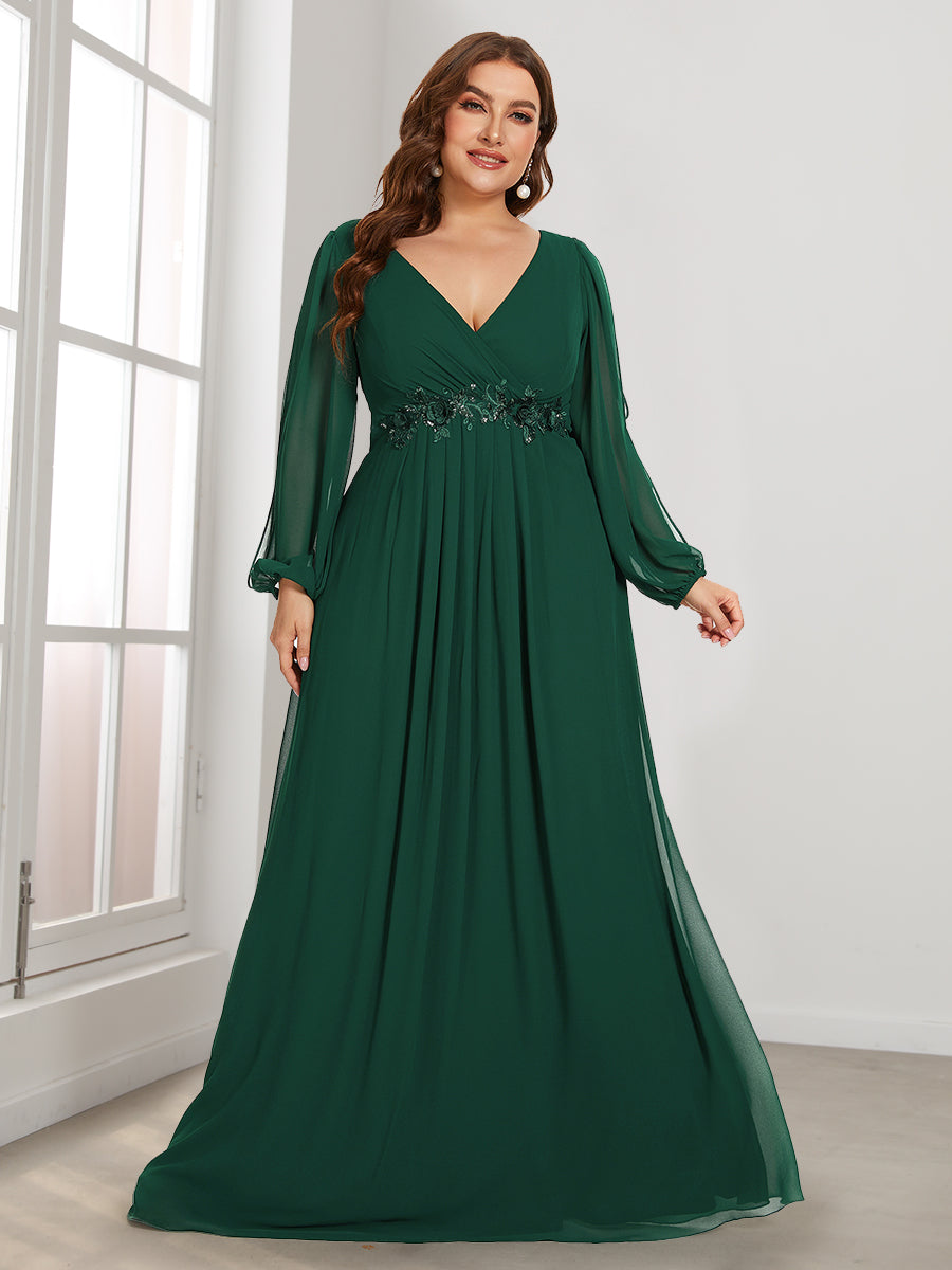 Color=Dark Green | Wholesale Chiffon Plus Size Evening Dresses With Long Lantern Sleeves-Dark Green 3