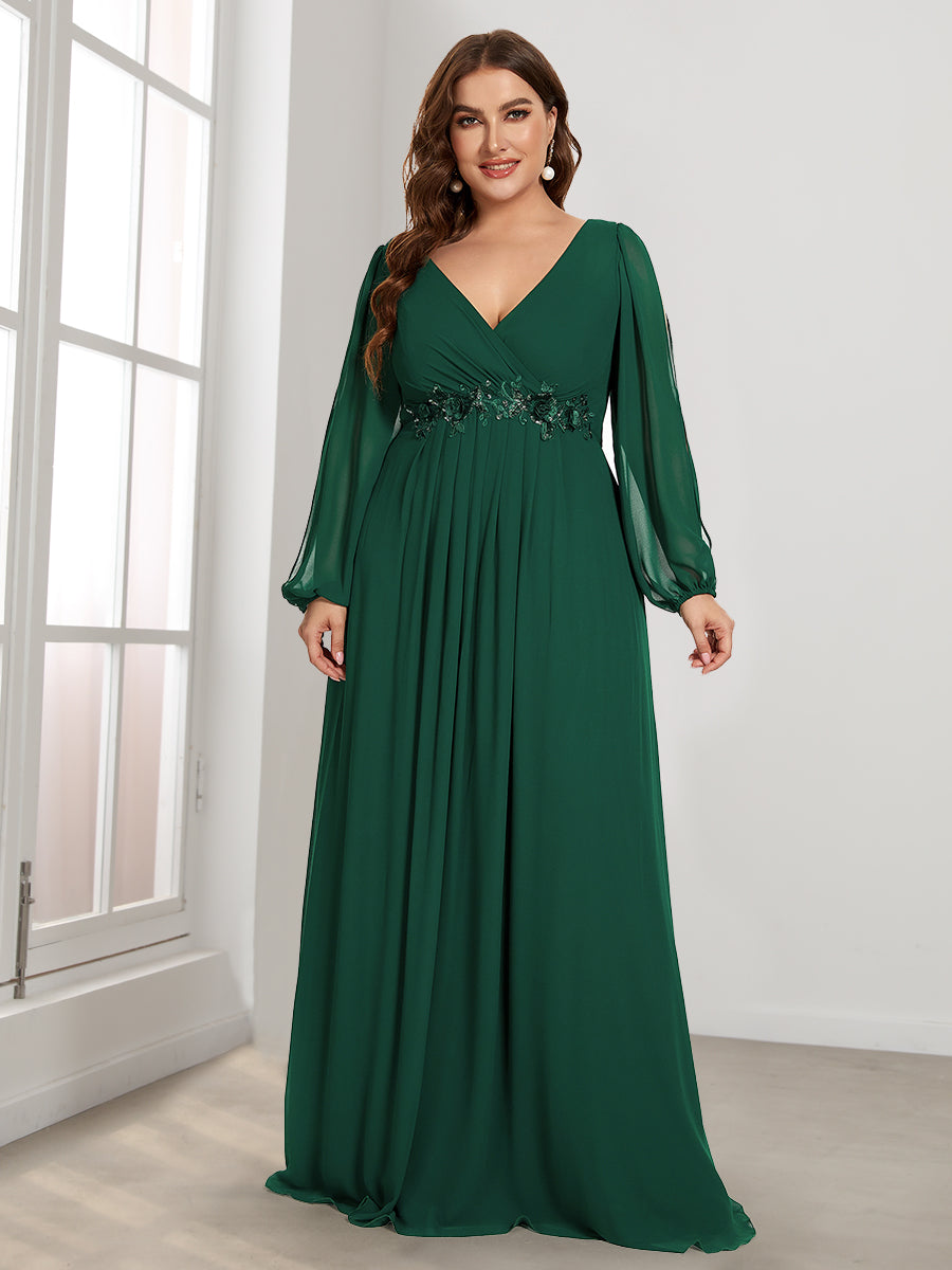 Color=Dark Green | Wholesale Chiffon Plus Size Evening Dresses With Long Lantern Sleeves-Dark Green 4