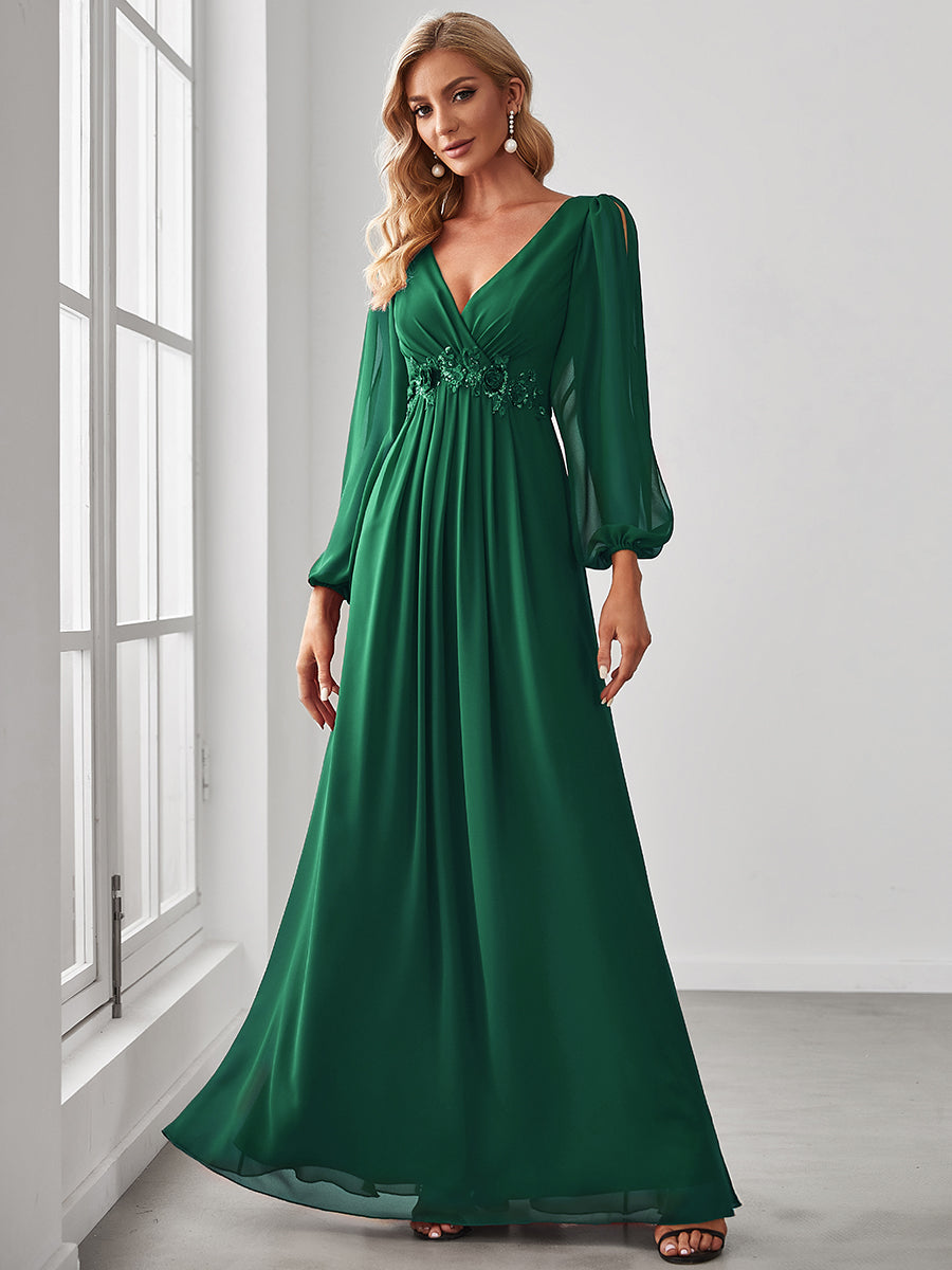Color=Dark Green | Floor Length Long Lantern Sleeves Wholesale Formal Dresses-Dark Green 4