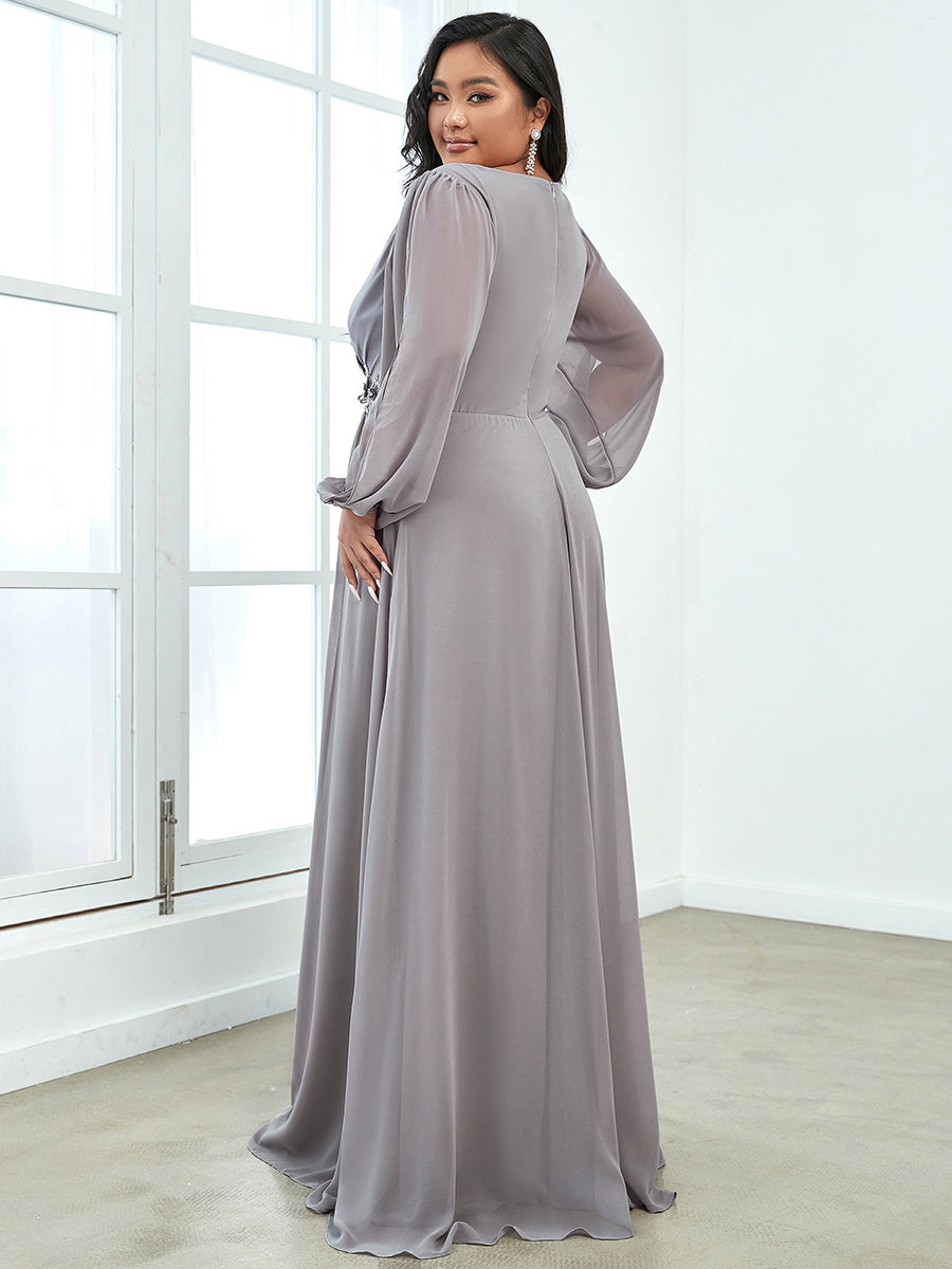 Color=Grey | Wholesale Chiffon Plus Size Evening Dresses With Long Lantern Sleeves-Grey 2