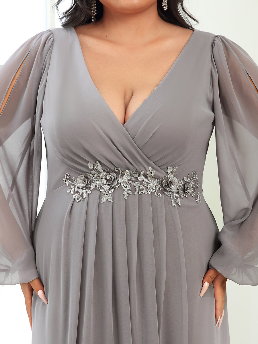 Color=Grey | Wholesale Chiffon Plus Size Evening Dresses With Long Lantern Sleeves-Grey 5