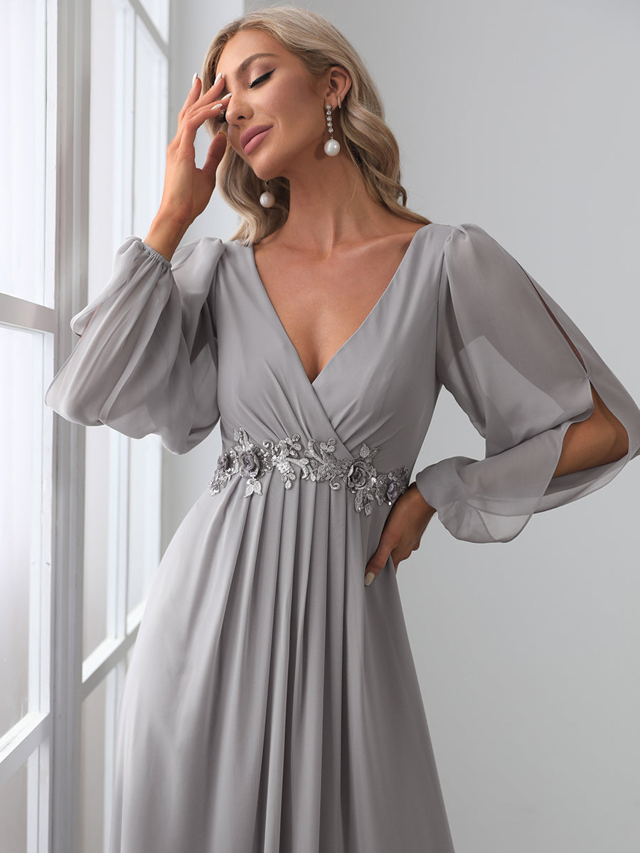 Color=Grey | Floor Length Long Lantern Sleeves Wholesale Formal Dresses-Grey 5