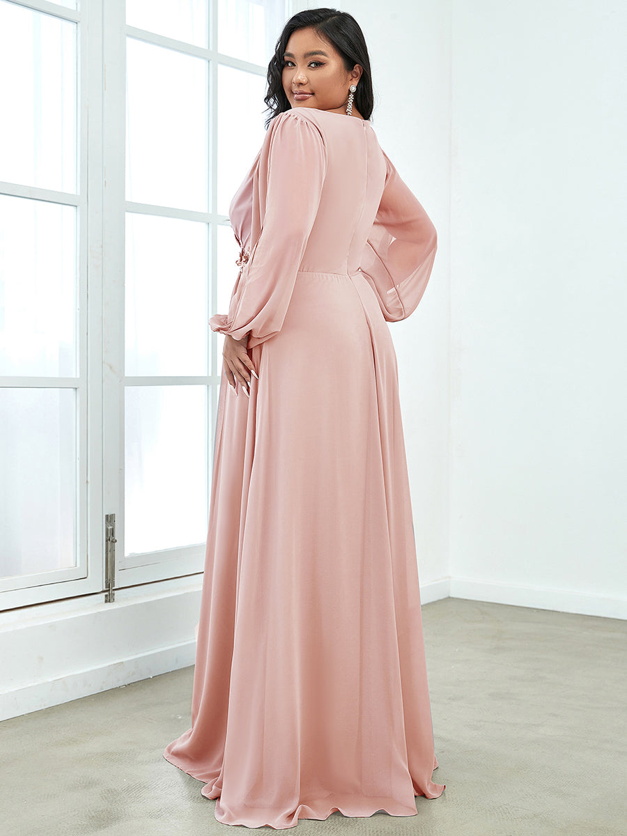 Color=Pink | Wholesale Chiffon Plus Size Evening Dresses With Long Lantern Sleeves-Pink 2