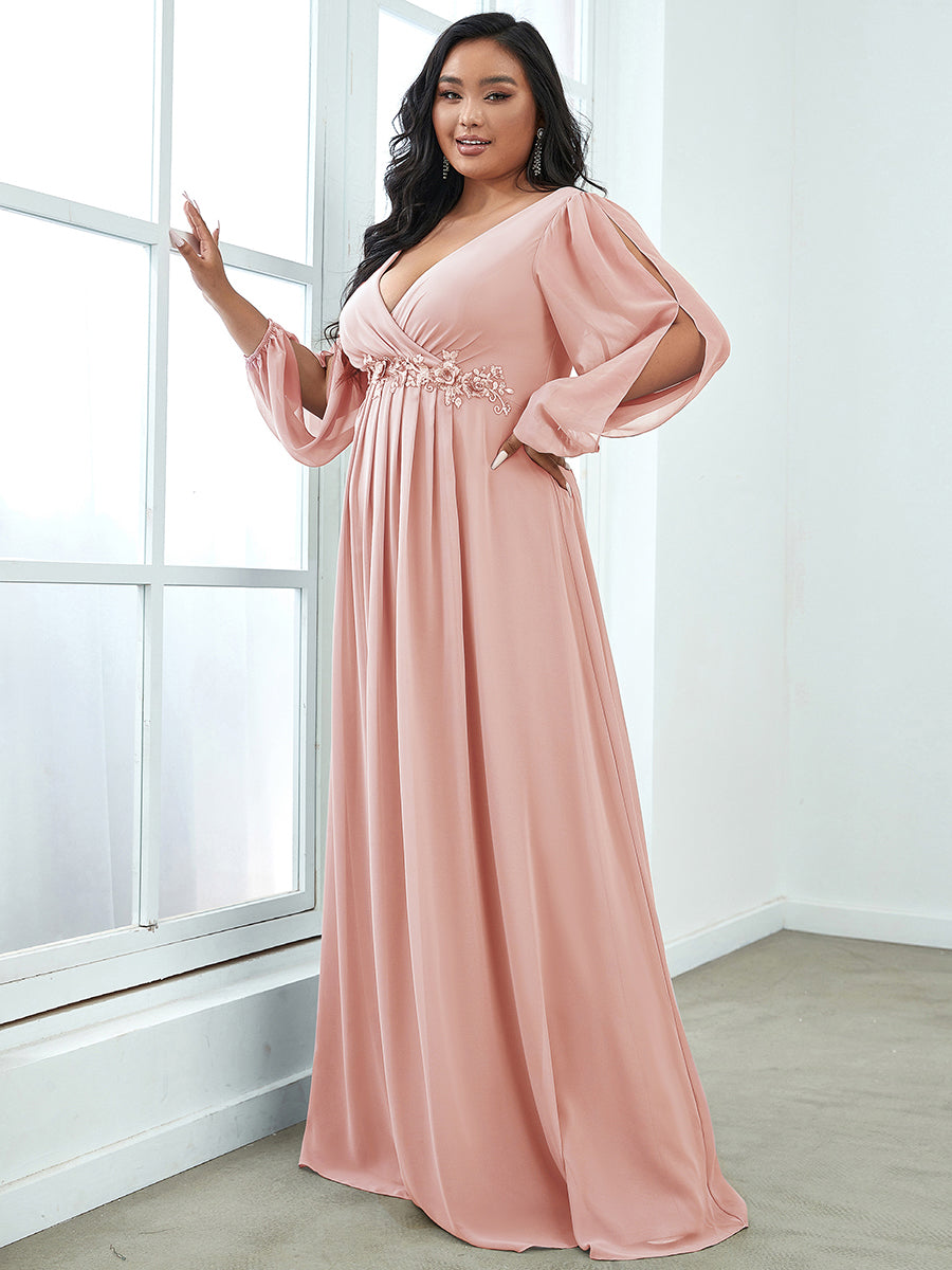 Color=Pink | Wholesale Chiffon Plus Size Evening Dresses With Long Lantern Sleeves-Pink 3