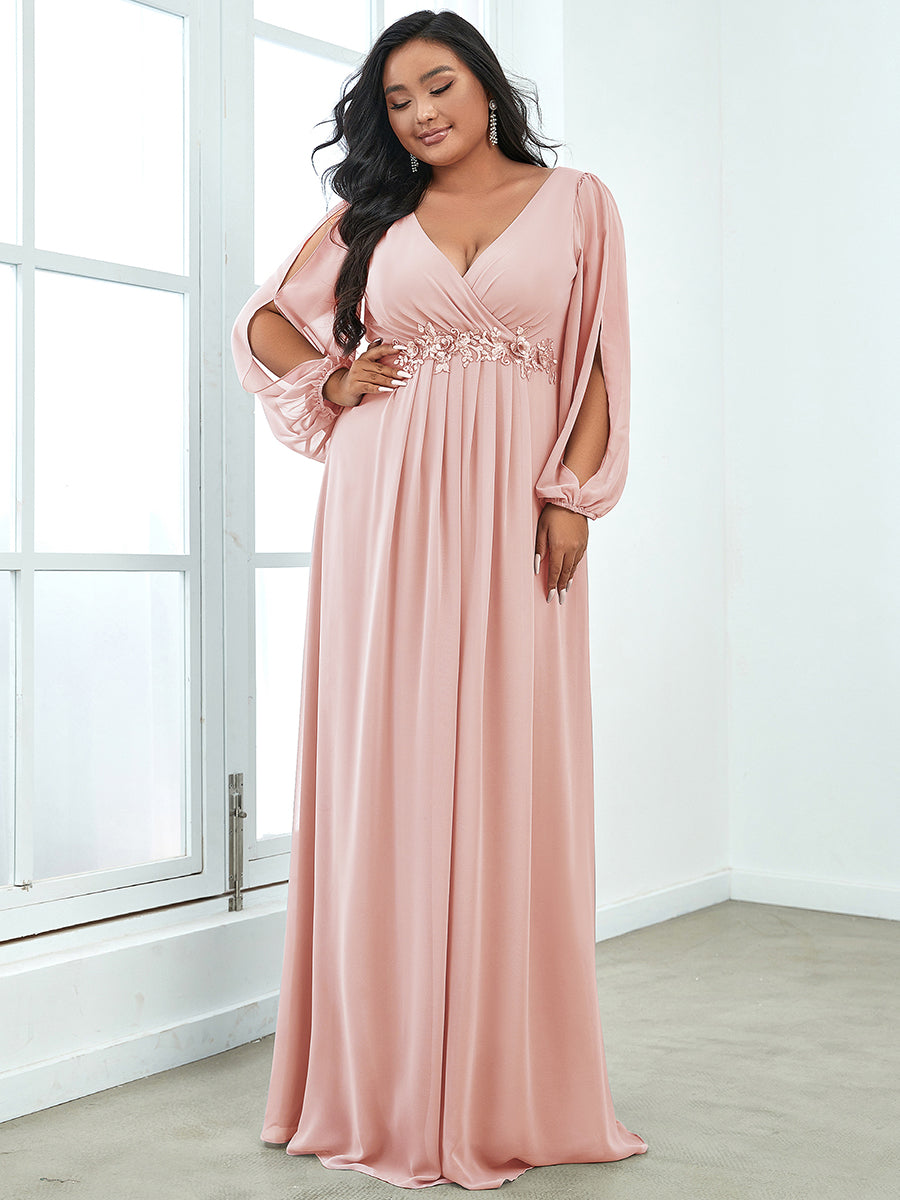 Color=Pink | Wholesale Chiffon Plus Size Evening Dresses With Long Lantern Sleeves-Pink 4