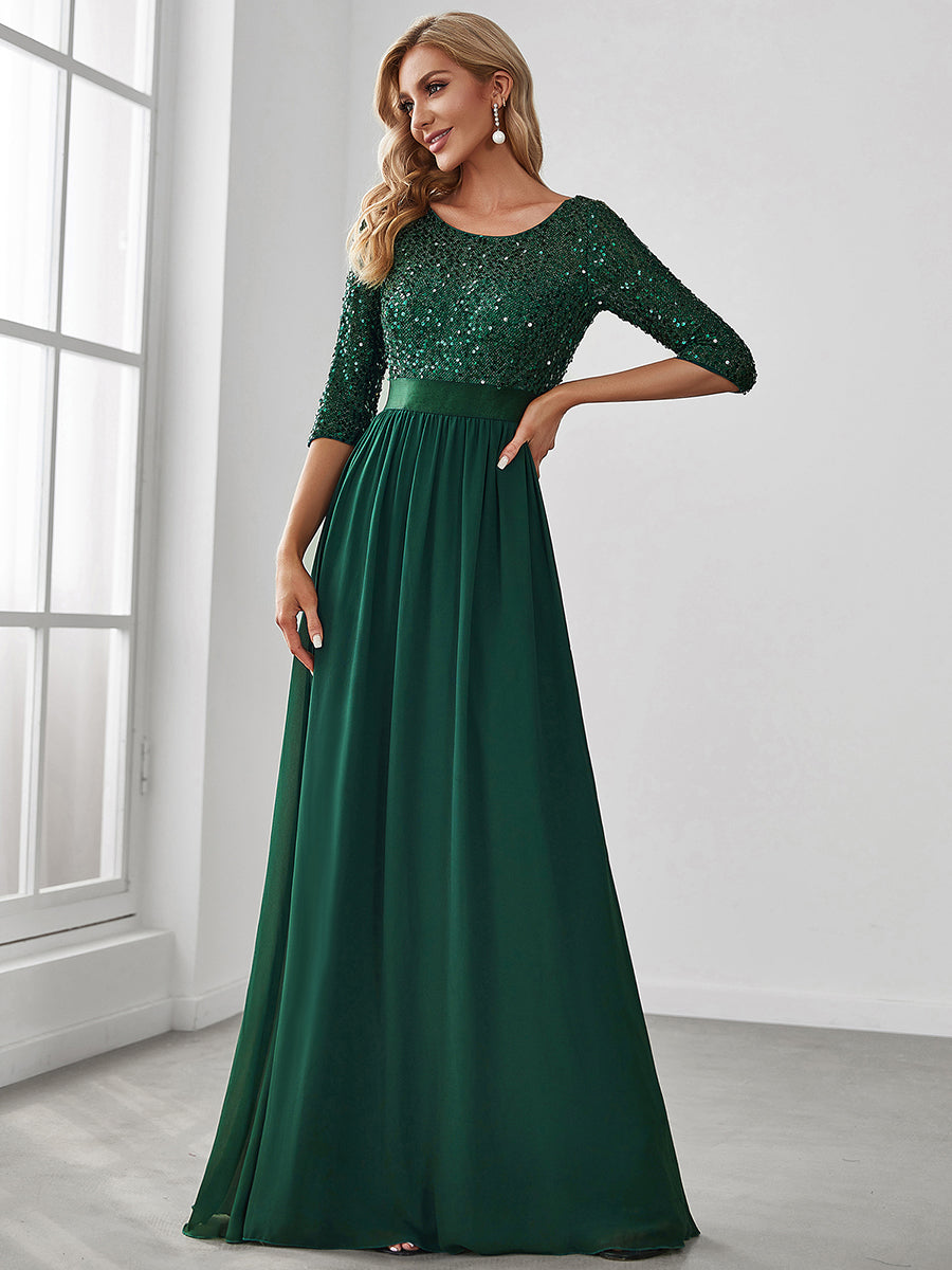 Color=Dark Green | Elegant Round Neckline 3/4 Sleeve Sequins Patchwork Evening Dress-Dark Green 4