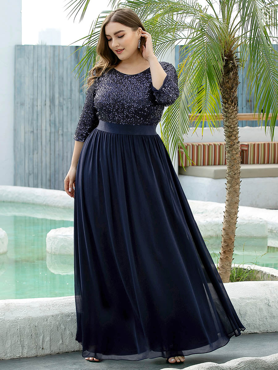 Color=Navy Blue | Long Tulle & Sequin Wholesale Evening Dresses for Mother of the Bride-Navy Blue 3
