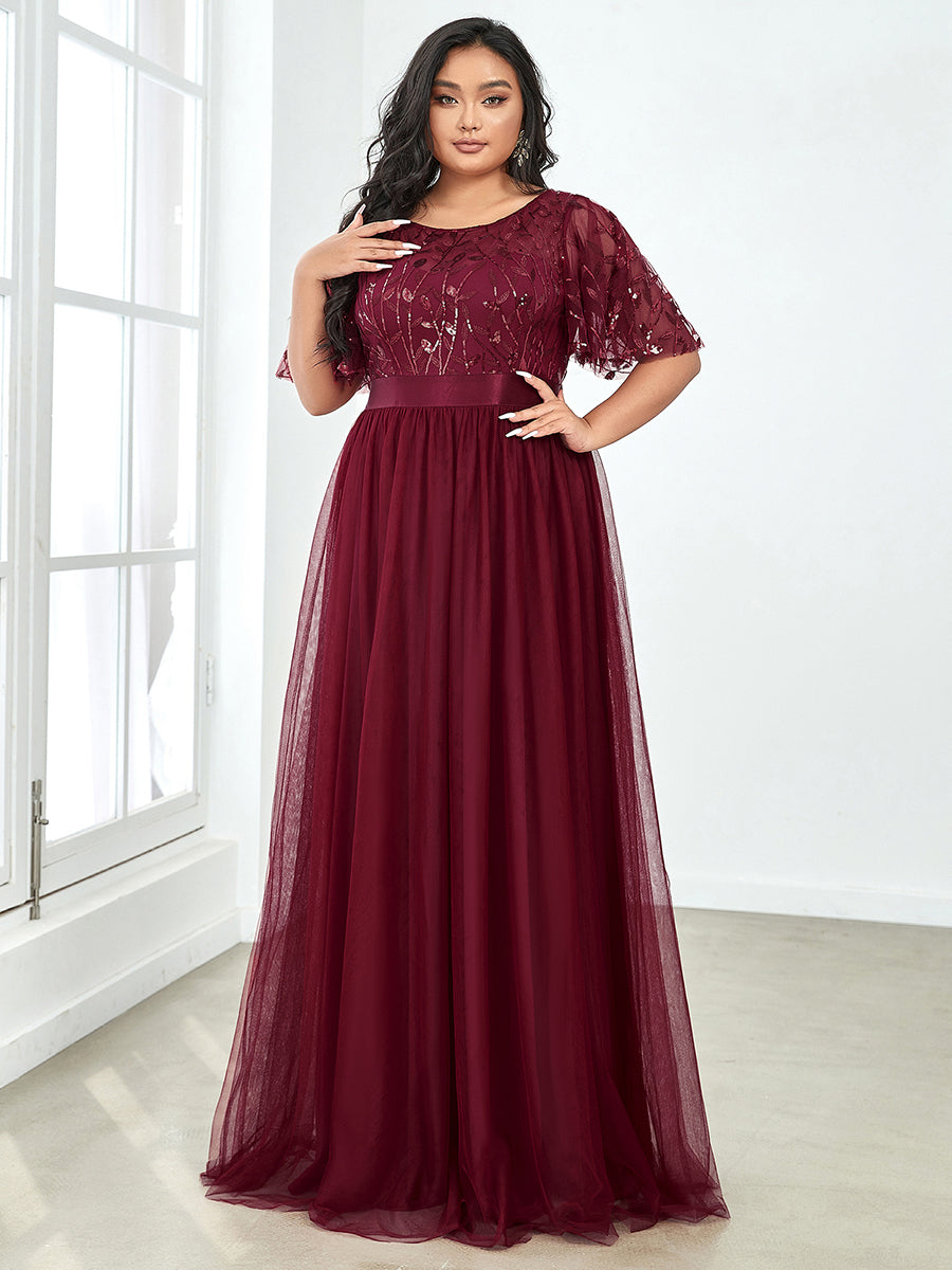 Color=Burgundy | Sequin Print Plus Size Wholesale Evening Dresses With Cap Sleeve-Burgundy 3