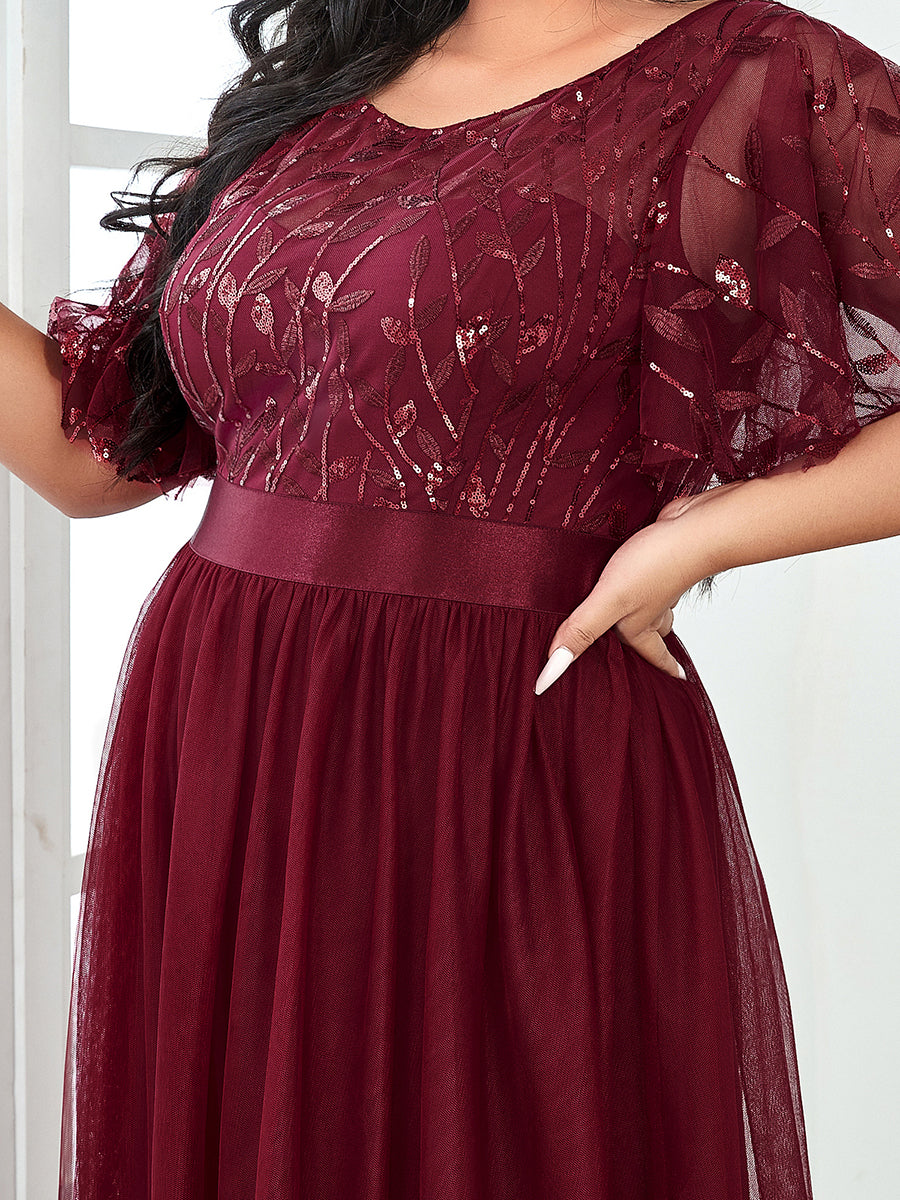 Color=Burgundy | Sequin Print Plus Size Wholesale Evening Dresses With Cap Sleeve-Burgundy 5