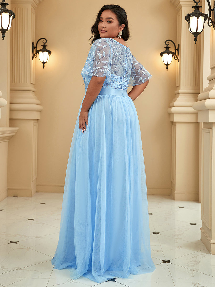 Color=Sky Blue | Sequin Print Plus Size Wholesale Evening Dresses With Cap Sleeve-Sky Blue 2