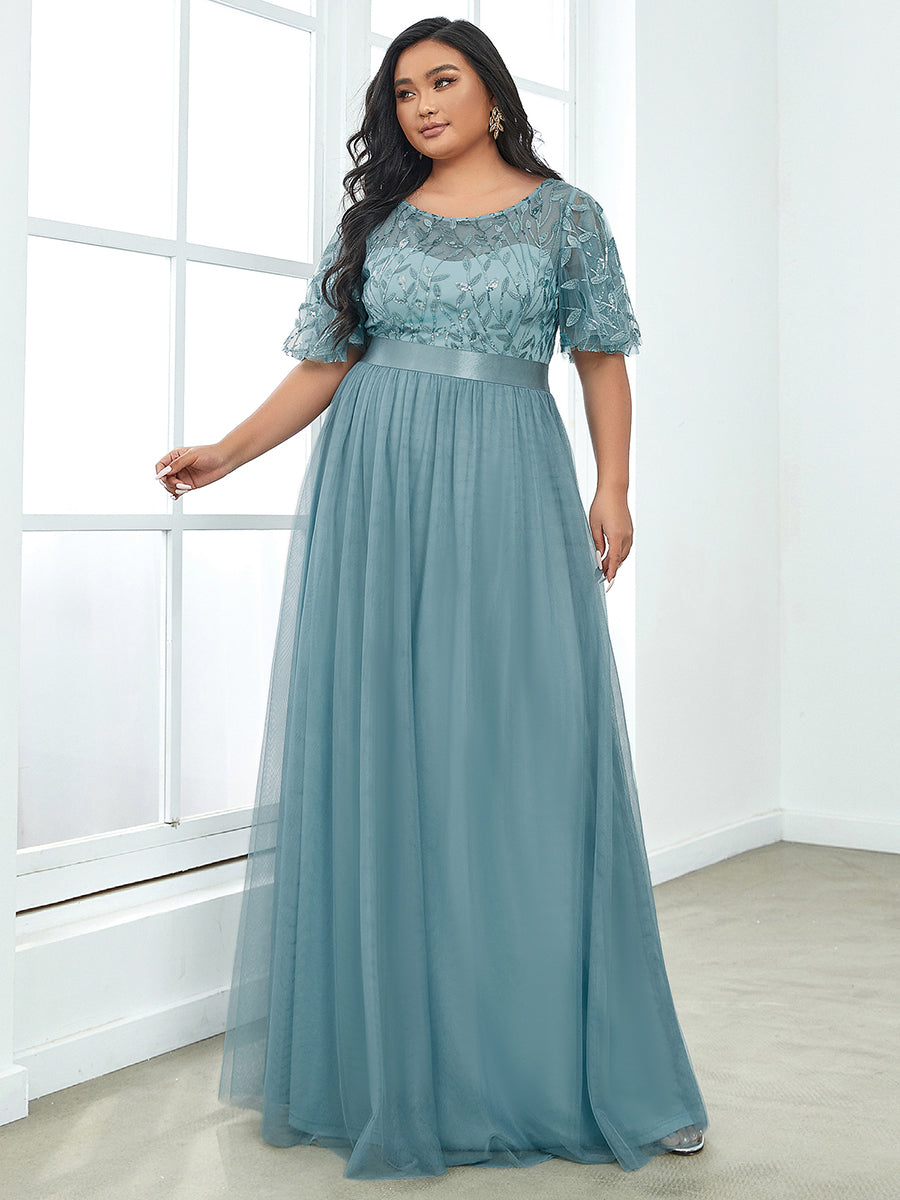 Color=Dusty Blue | Sequin Print Plus Size Wholesale Evening Dresses With Cap Sleeve-Dusty Blue 4