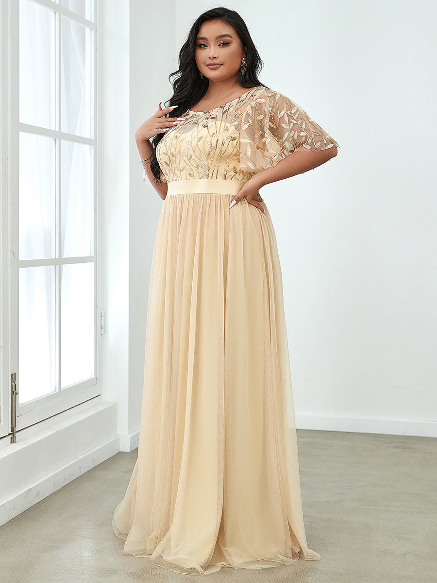 Color=Gold | Sequin Print Plus Size Wholesale Evening Dresses With Cap Sleeve-Gold 4