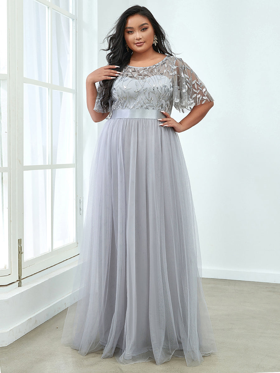 Color=Grey | Sequin Print Plus Size Wholesale Evening Dresses With Cap Sleeve-Grey 1