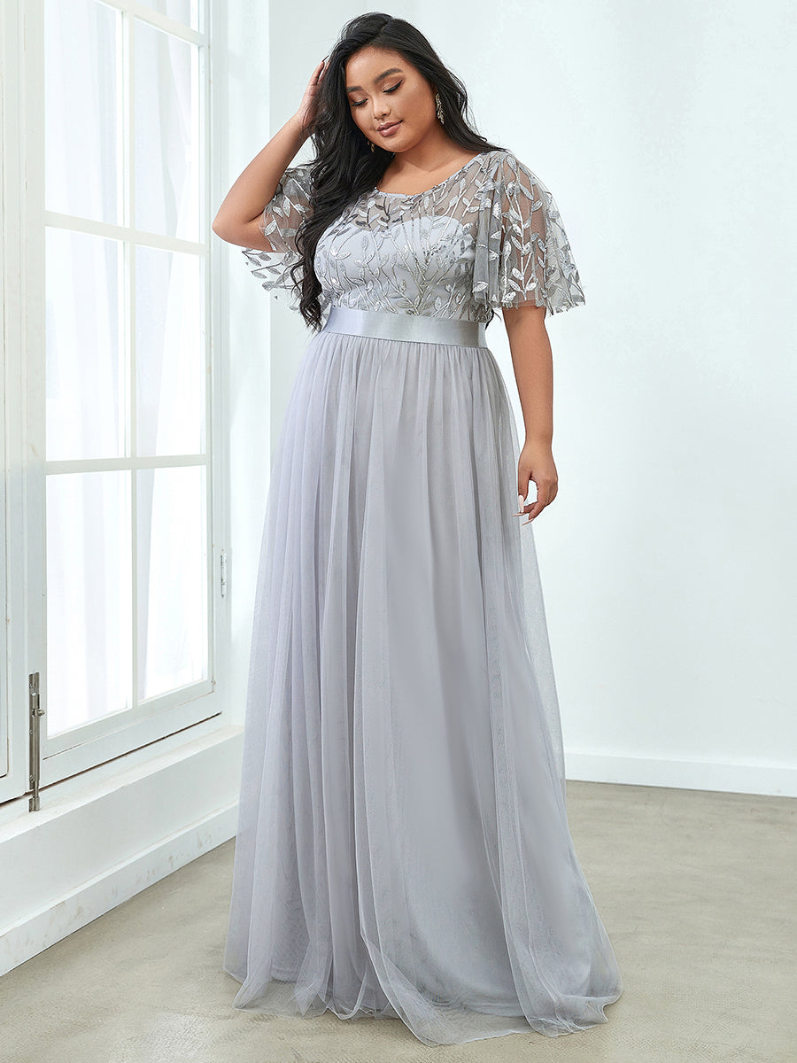 Color=Grey | Sequin Print Plus Size Wholesale Evening Dresses With Cap Sleeve-Grey 4