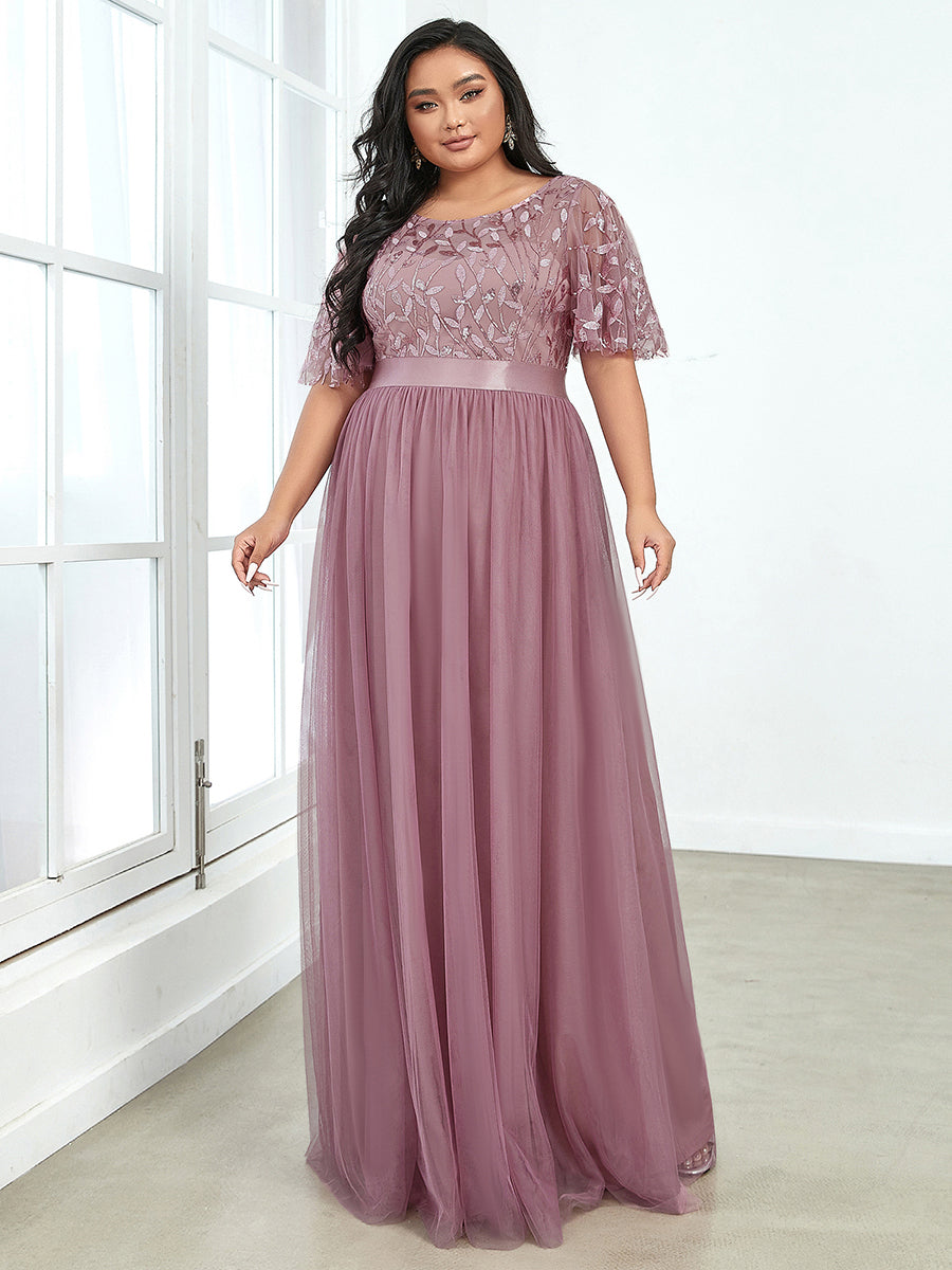 Color=Orchid | Sequin Print Plus Size Wholesale Evening Dresses With Cap Sleeve-Orchid 1