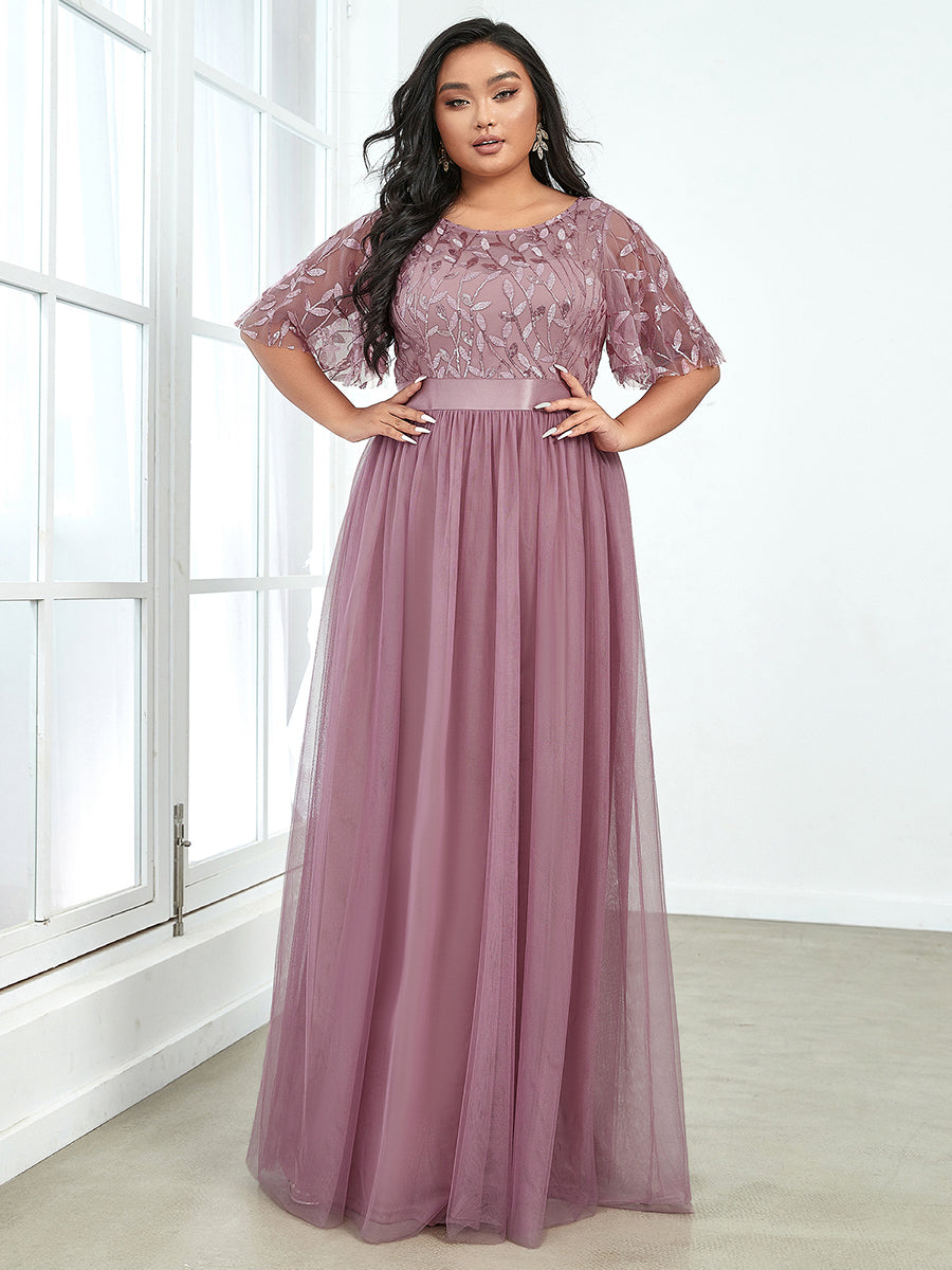 Color=Orchid | Sequin Print Plus Size Wholesale Evening Dresses With Cap Sleeve-Orchid 3