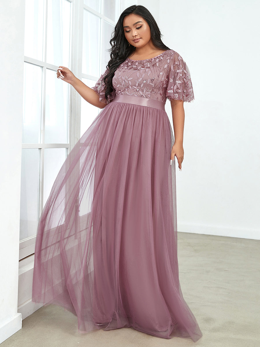 Color=Orchid | Sequin Print Plus Size Wholesale Evening Dresses With Cap Sleeve-Orchid 4