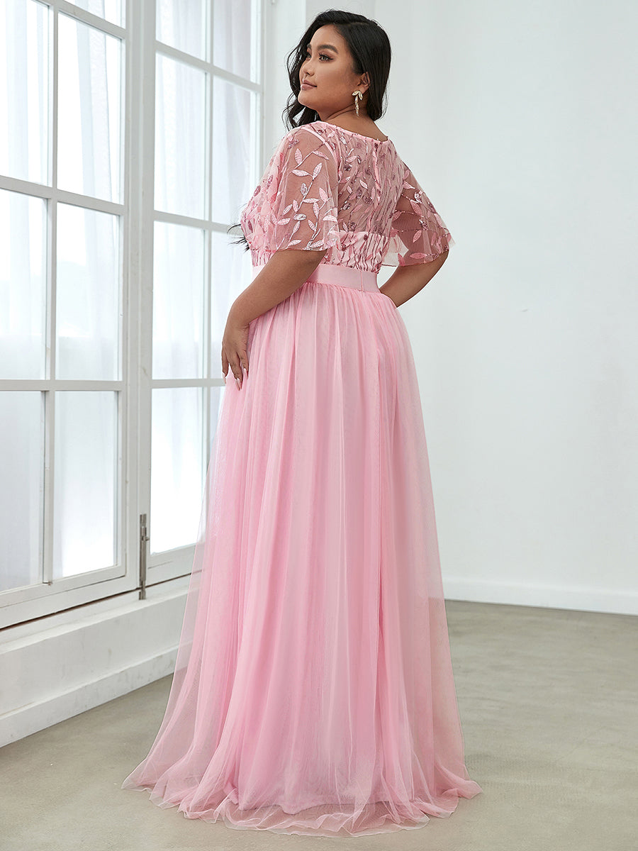 Color=Pink | Sequin Print Plus Size Wholesale Evening Dresses With Cap Sleeve-Pink 2
