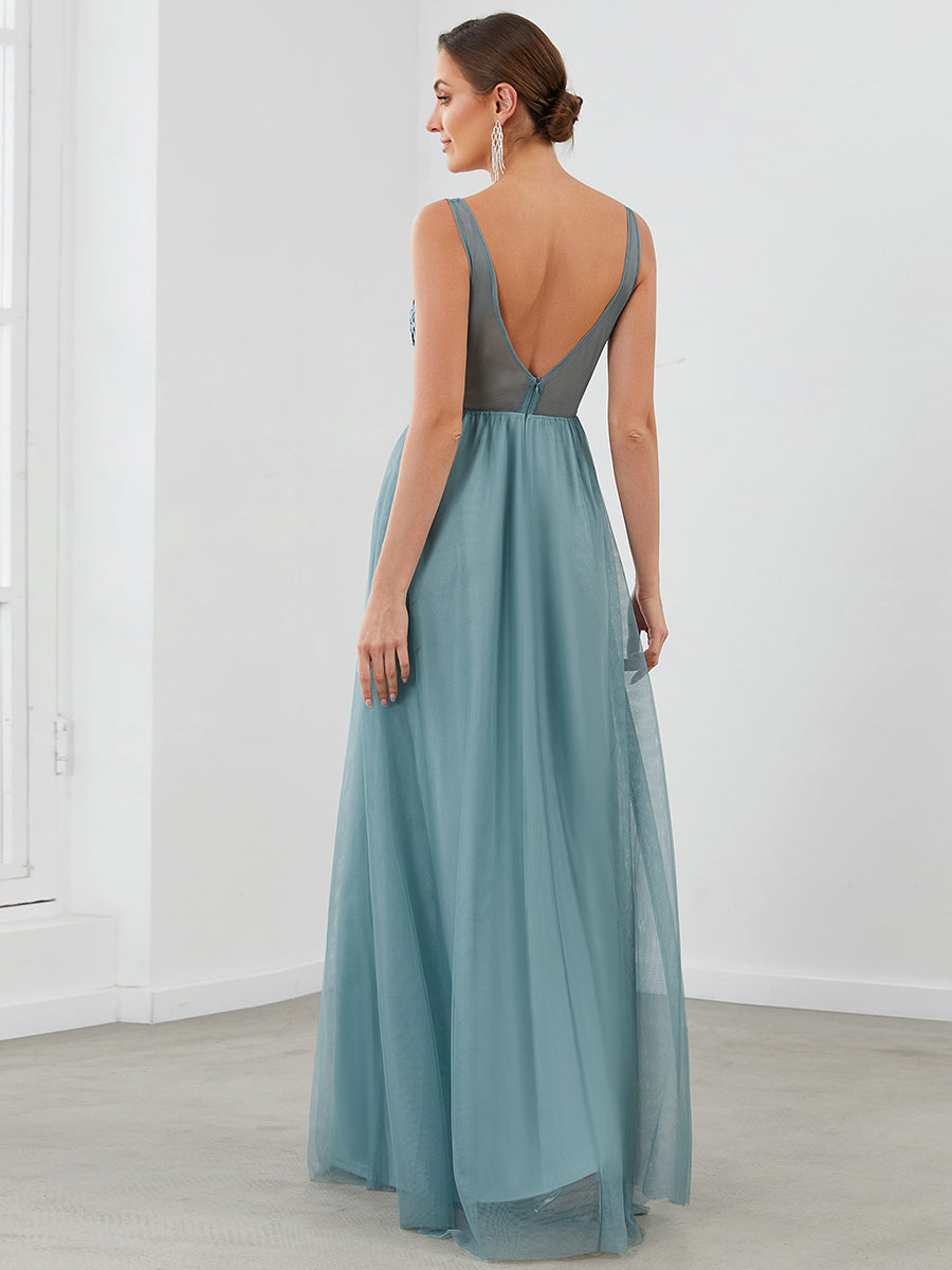 Color=Dusty blue | Women'S A-Line V-Neck Floral Lace Appliques Bridesmaid Dresses Ep00930-Dusty Blue 2