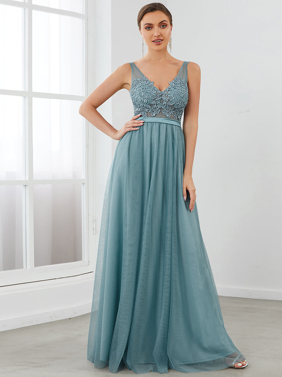 Color=Dusty blue | Women'S A-Line V-Neck Floral Lace Appliques Bridesmaid Dresses Ep00930-Dusty Blue 4