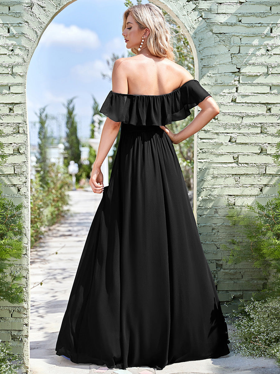 Color=Black | Women'S A-Line Off Shoulder Ruffle Thigh Split Bridesmaid Dresses Ep00968-Black 2