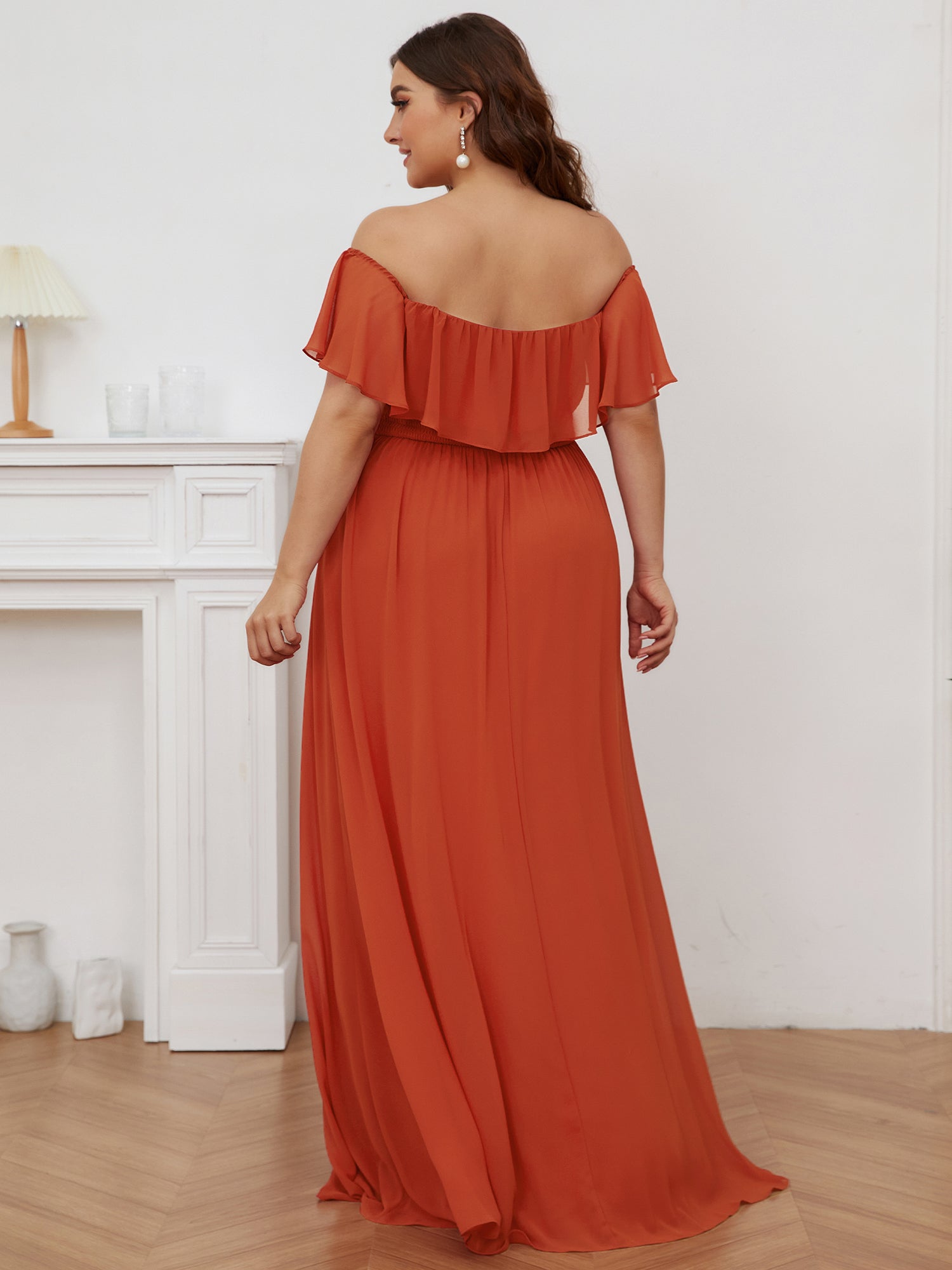 Color=Burnt orange | Plus Size Women'S A-Line Off Shoulder Ruffle Thigh Split Bridesmaid Dress-Burnt orange 2