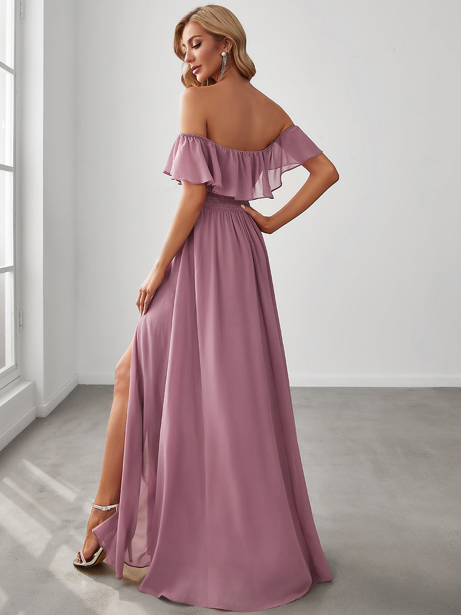 Color=Orchid | Women'S A-Line Off Shoulder Ruffle Thigh Split Bridesmaid Dress-Orchid 2