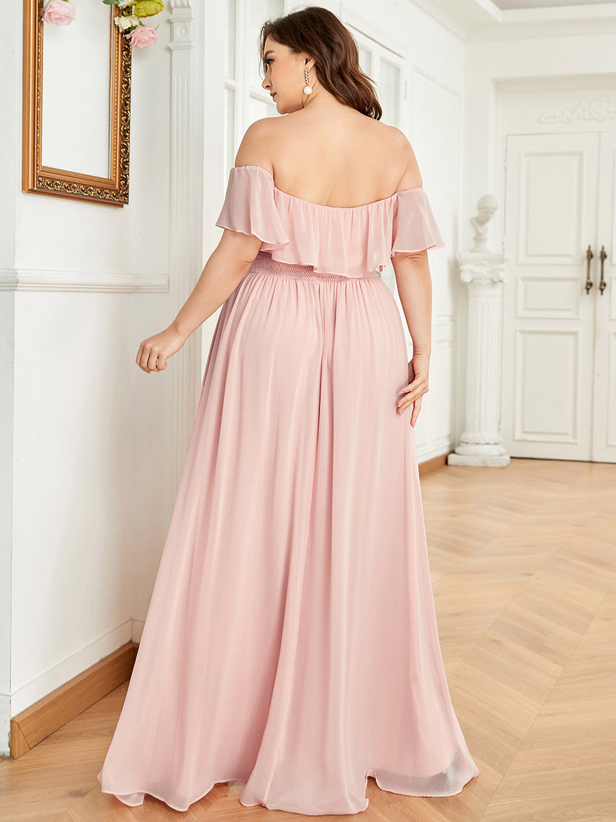 Color=Pink | Plus Size Women'S A-Line Off Shoulder Ruffle Thigh Split Bridesmaid Dresses Ep00968-Pink 2