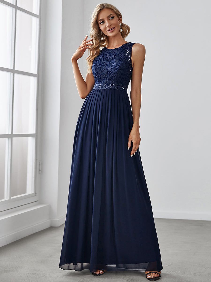 Color=Navy Blue | Round Neck Maxi Long Wholesale Party Dresses For Women-Navy Blue 1