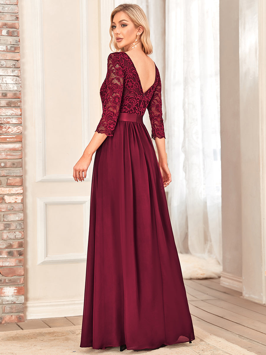 Color=Burgundy | Elegant Empire Waist Wholesale Bridesmaid Dresses with Long Lace Sleeve-Burgundy 2