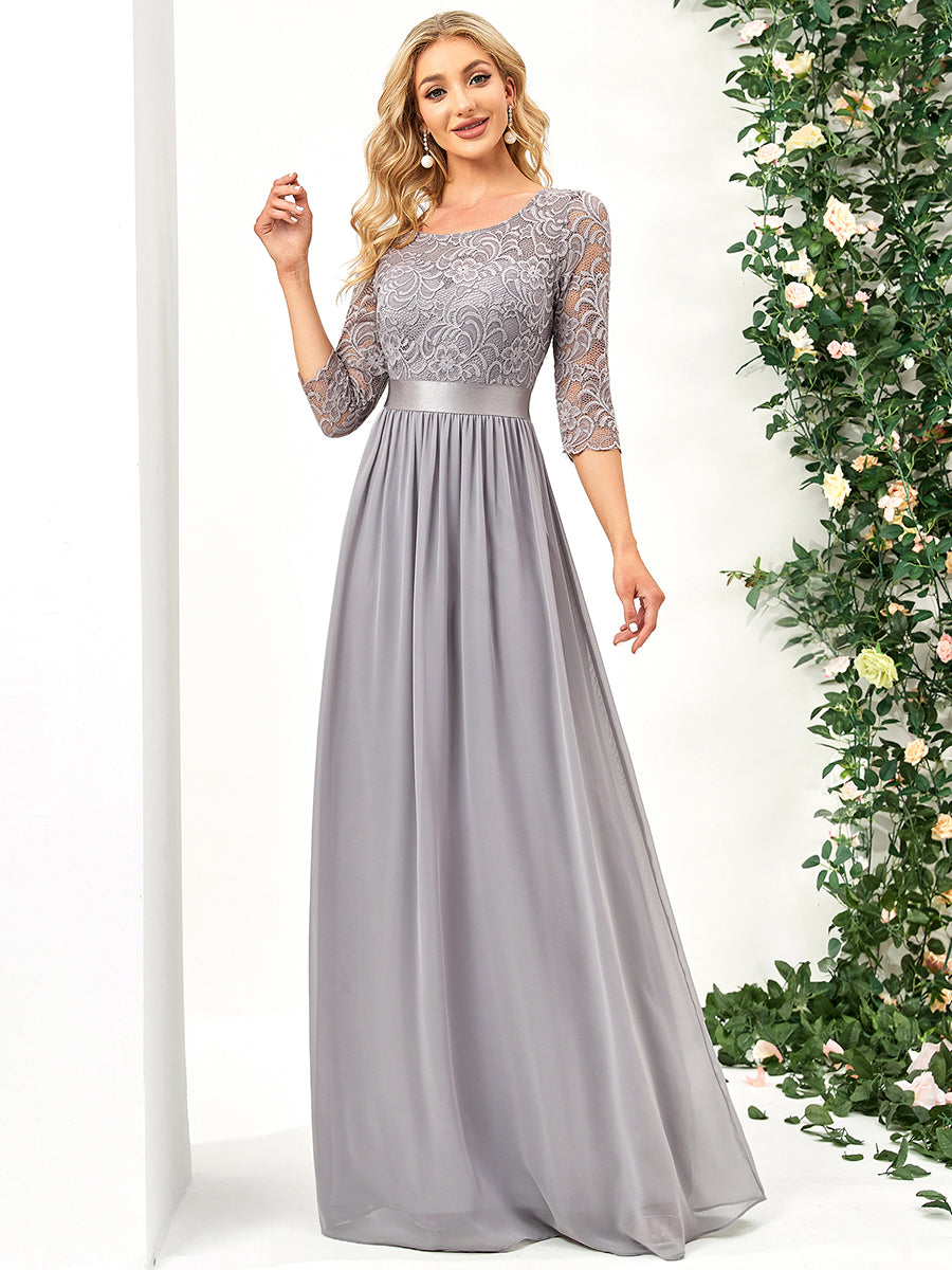 Color=Grey | Elegant Empire Waist Wholesale Bridesmaid Dresses with Long Lace Sleeve-Grey 2