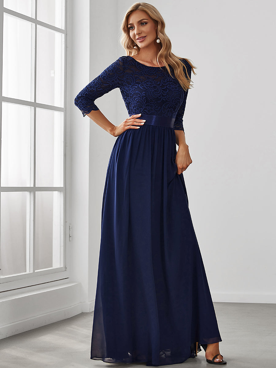 Color=Navy Blue | Elegant Empire Waist Wholesale Bridesmaid Dresses with Long Lace Sleeve-Navy Blue 6