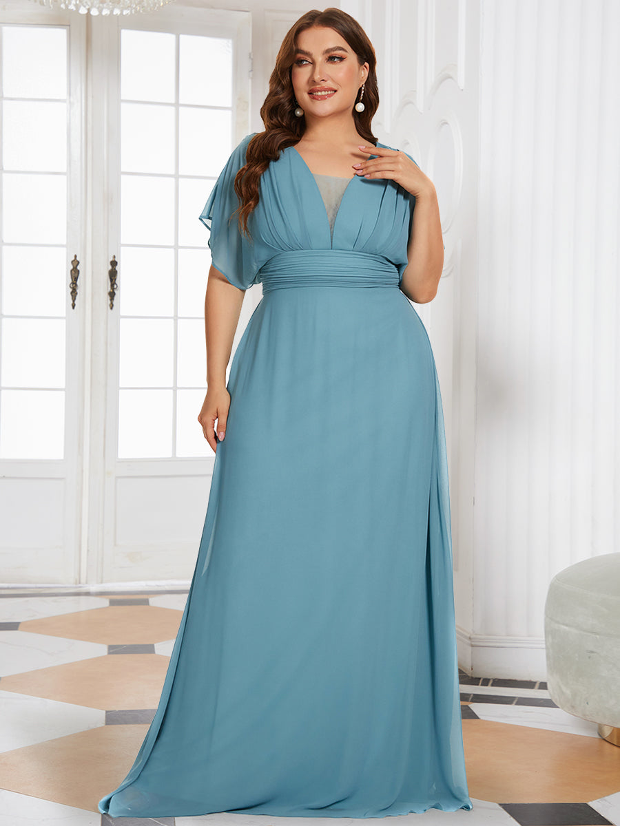 COLOR=Dusty Blue | Plus Size Women'S A-Line Empire Waist Evening Party Maxi Dress-Dusty Blue 3
