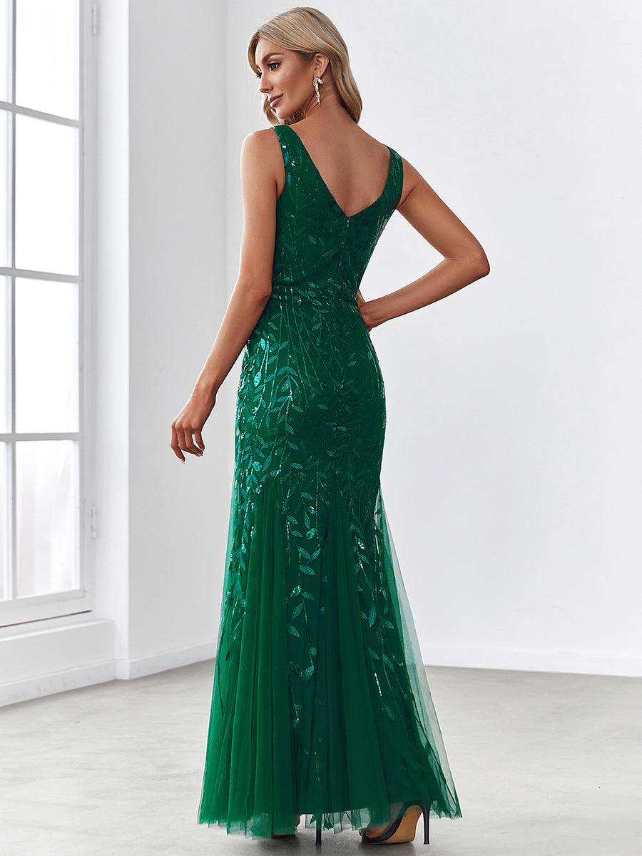 Color=Dark Green | Women'S Double V-Neck Fishtail Seuqin Evening Maxi Dress-Dark Green 2