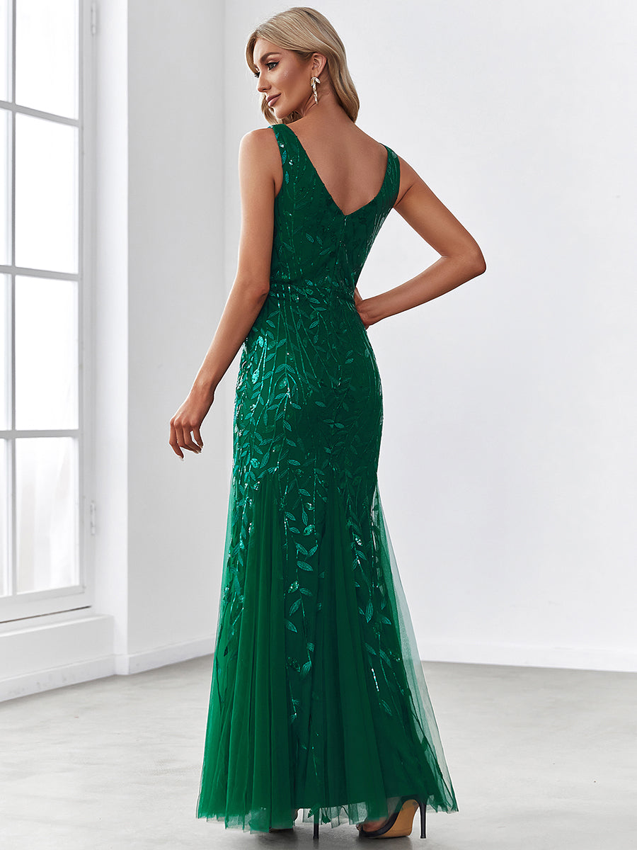 Color=Dark Green | Women'S Double V-Neck Fishtail Seuqin Evening Maxi Dress-Dark Green 2
