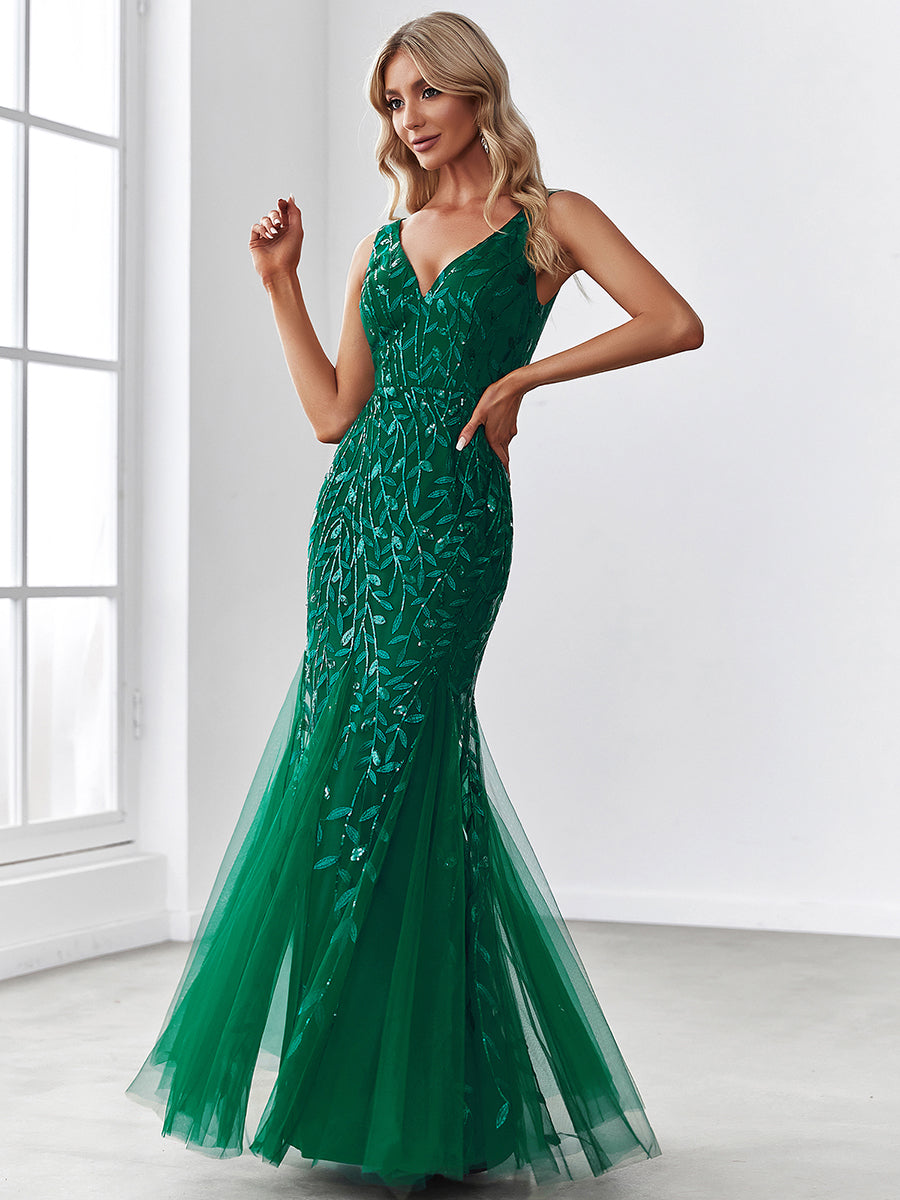 Color=Dark Green | Women'S Double V-Neck Fishtail Seuqin Evening Maxi Dress-Dark Green 3